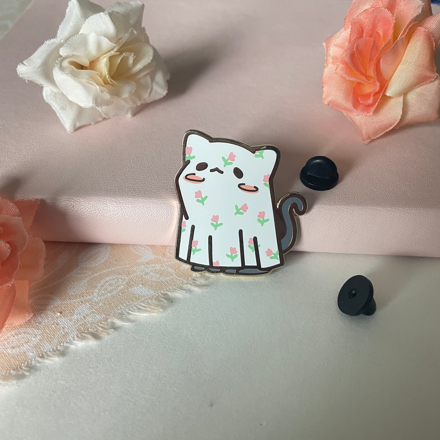 Flower Cat Sheet Ghost Enamel Pin