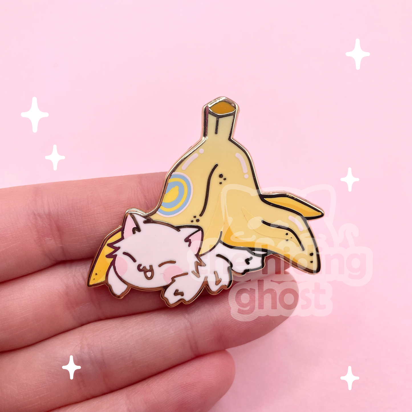 White Spider Cat Banana Enamel Pin