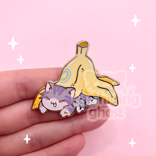 Gray Spider Cat Banana Enamel Pin
