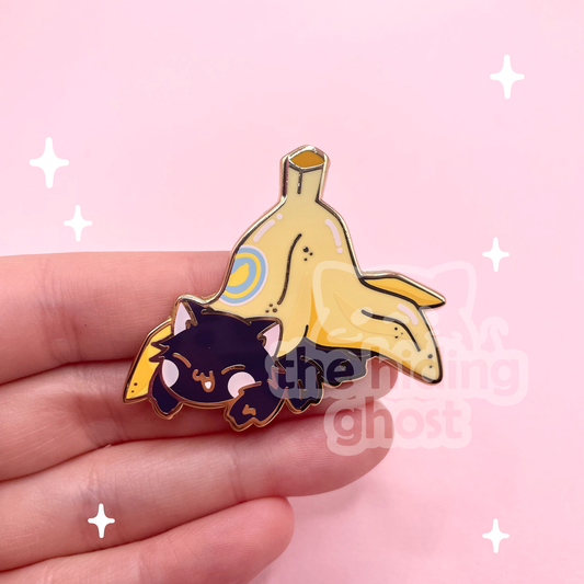 Black Spider Cat Banana Enamel Pin